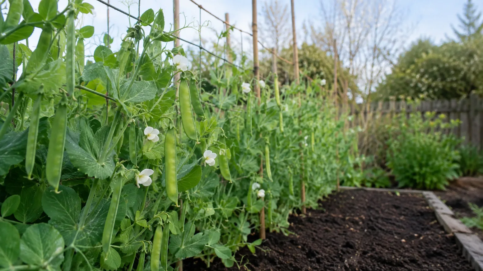 Healthy snow pea vines with flat pods and white flowers climbing a garden trellis