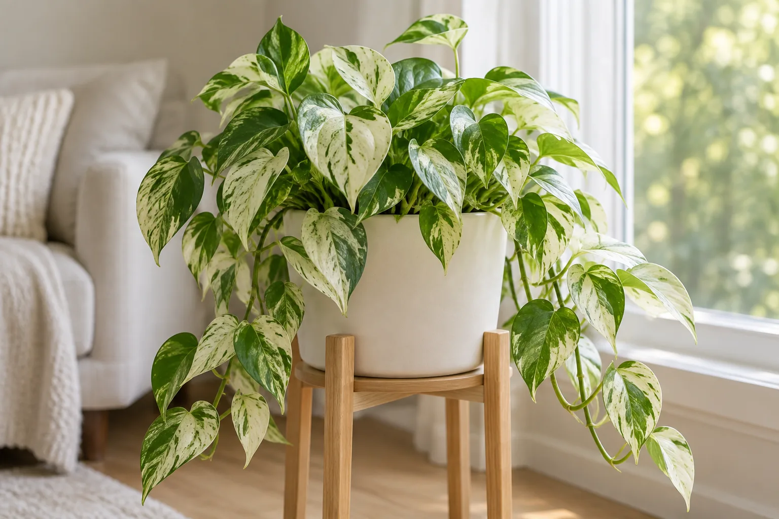 Snow Queen pothos with cream-white and green marbled leaves in a bright indoor room