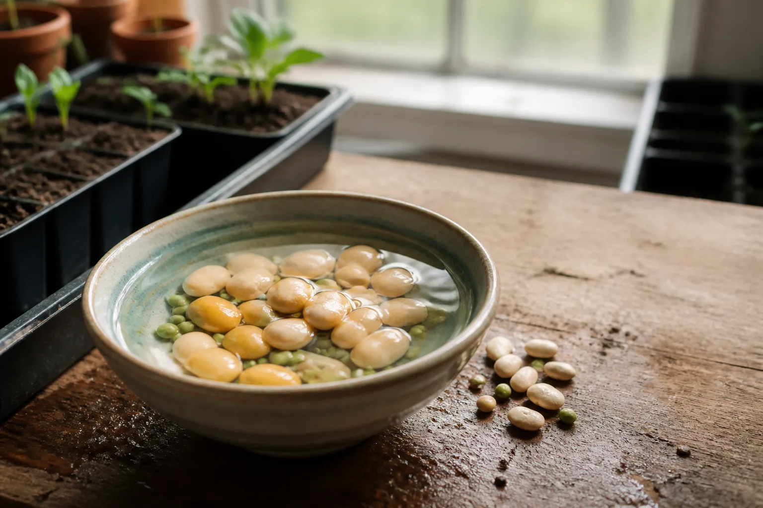 Large bean and pea seeds soaking in a shallow bowl of warm water on a wooden potting bench