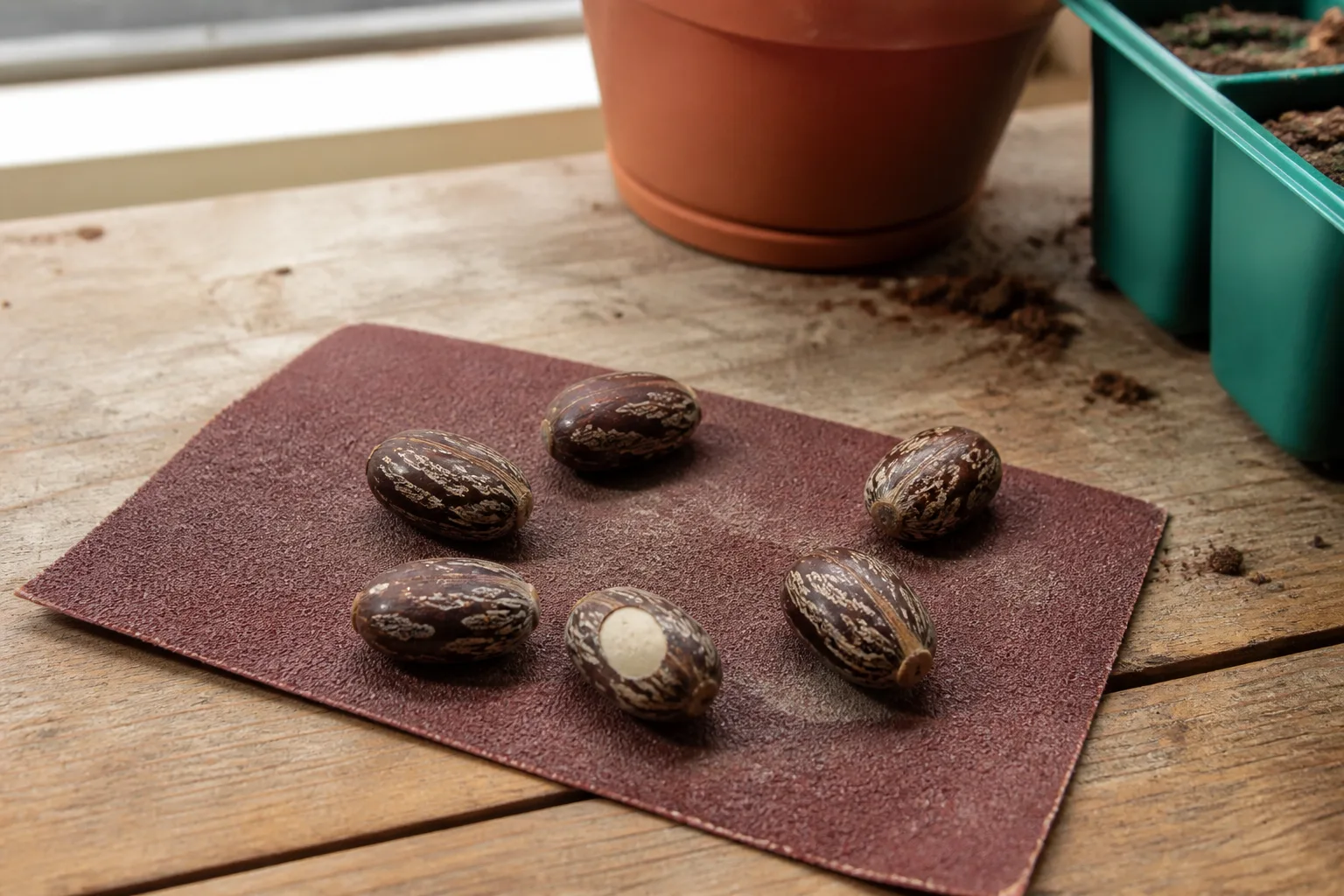 Bean seeds on fine sandpaper ready for scarification before soaking