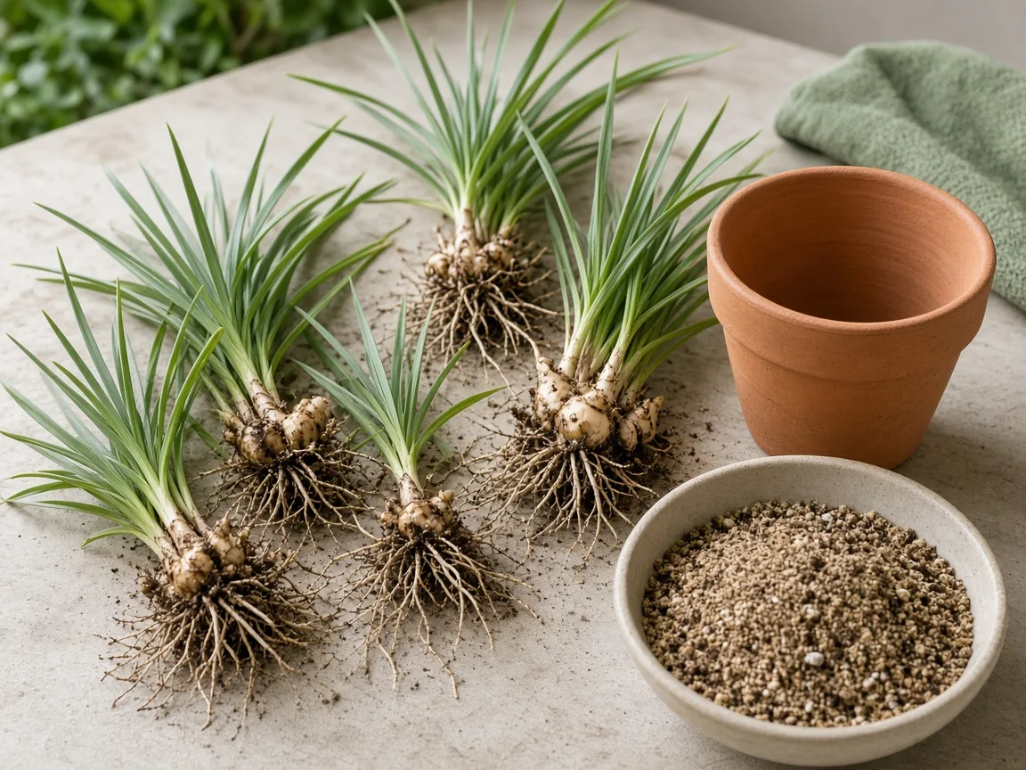 Divided society garlic rhizome clumps with roots and foliage ready for replanting