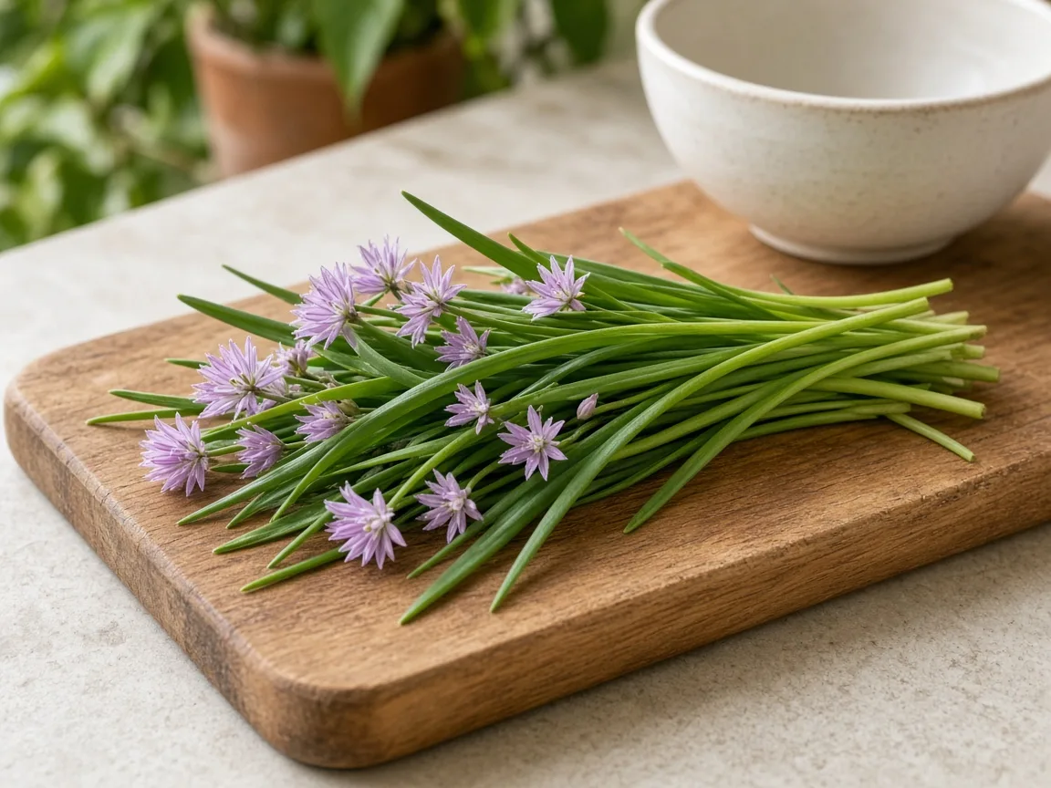 Freshly harvested society garlic leaves and lavender flowers ready for the kitchen
