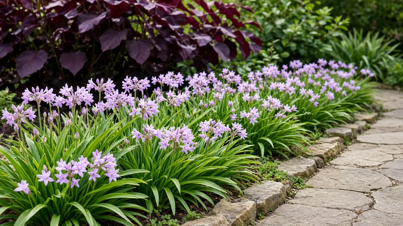 Society garlic planted as a low front-of-border groundcover with lavender flower umbels