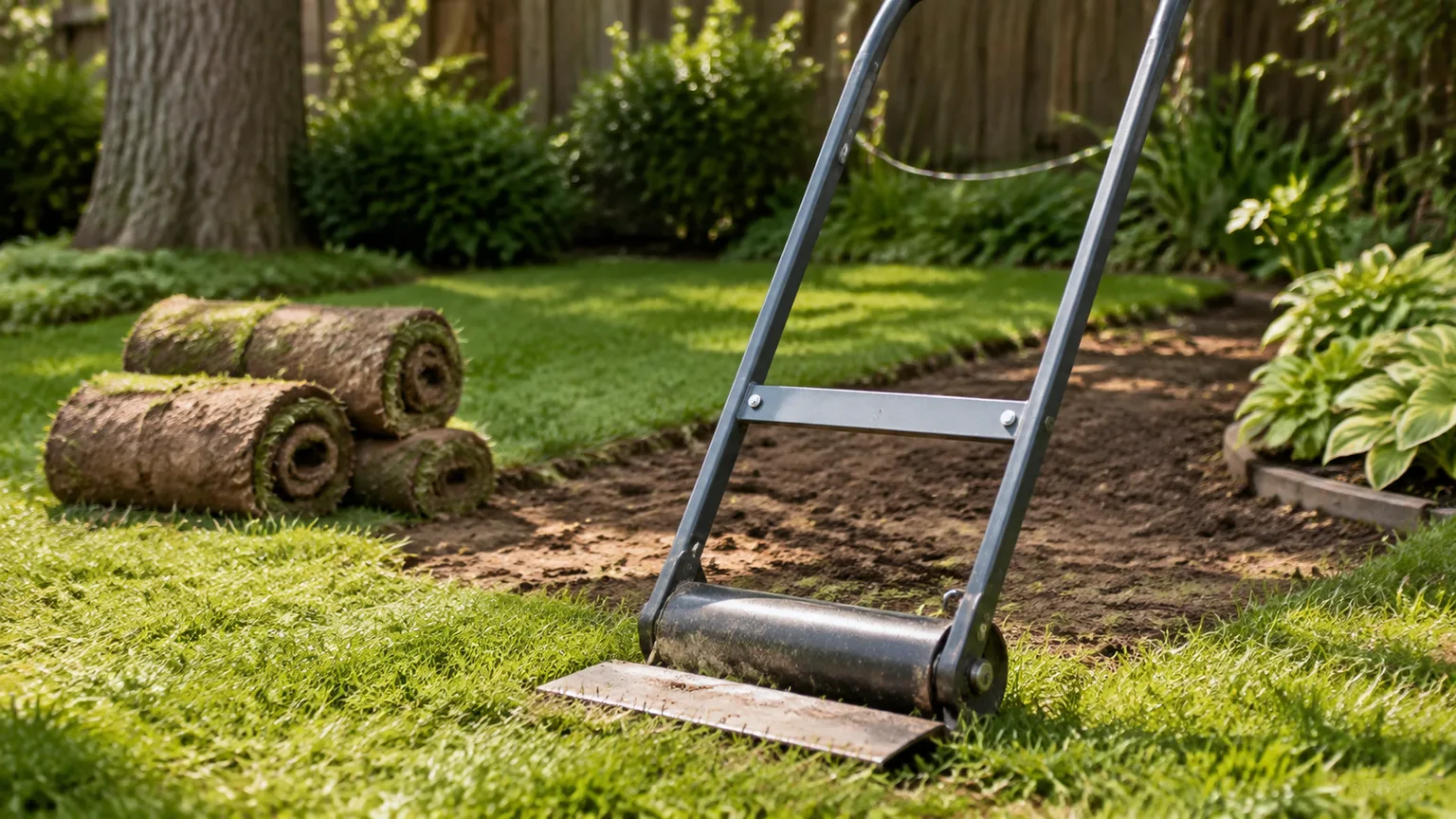 Manual kick-style sod cutter removing a clean strip of turf beside a prepared garden bed