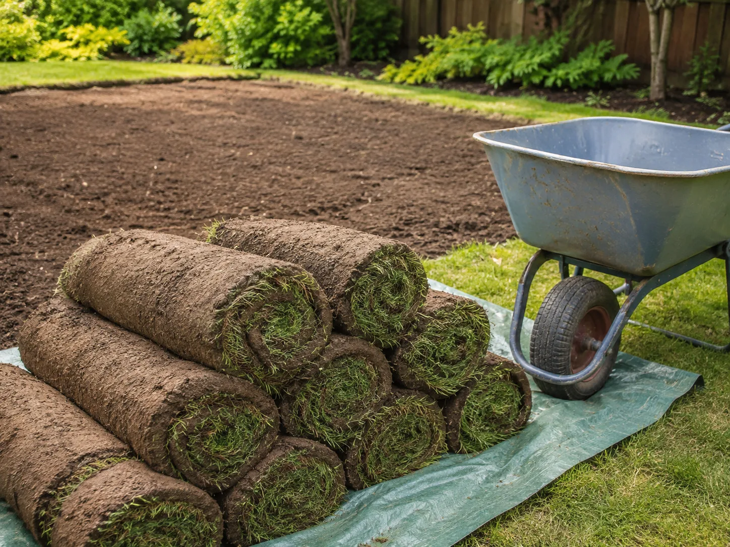 Freshly cut sod rolls staged beside a wheelbarrow and exposed soil, ready for quick reuse or managed composting