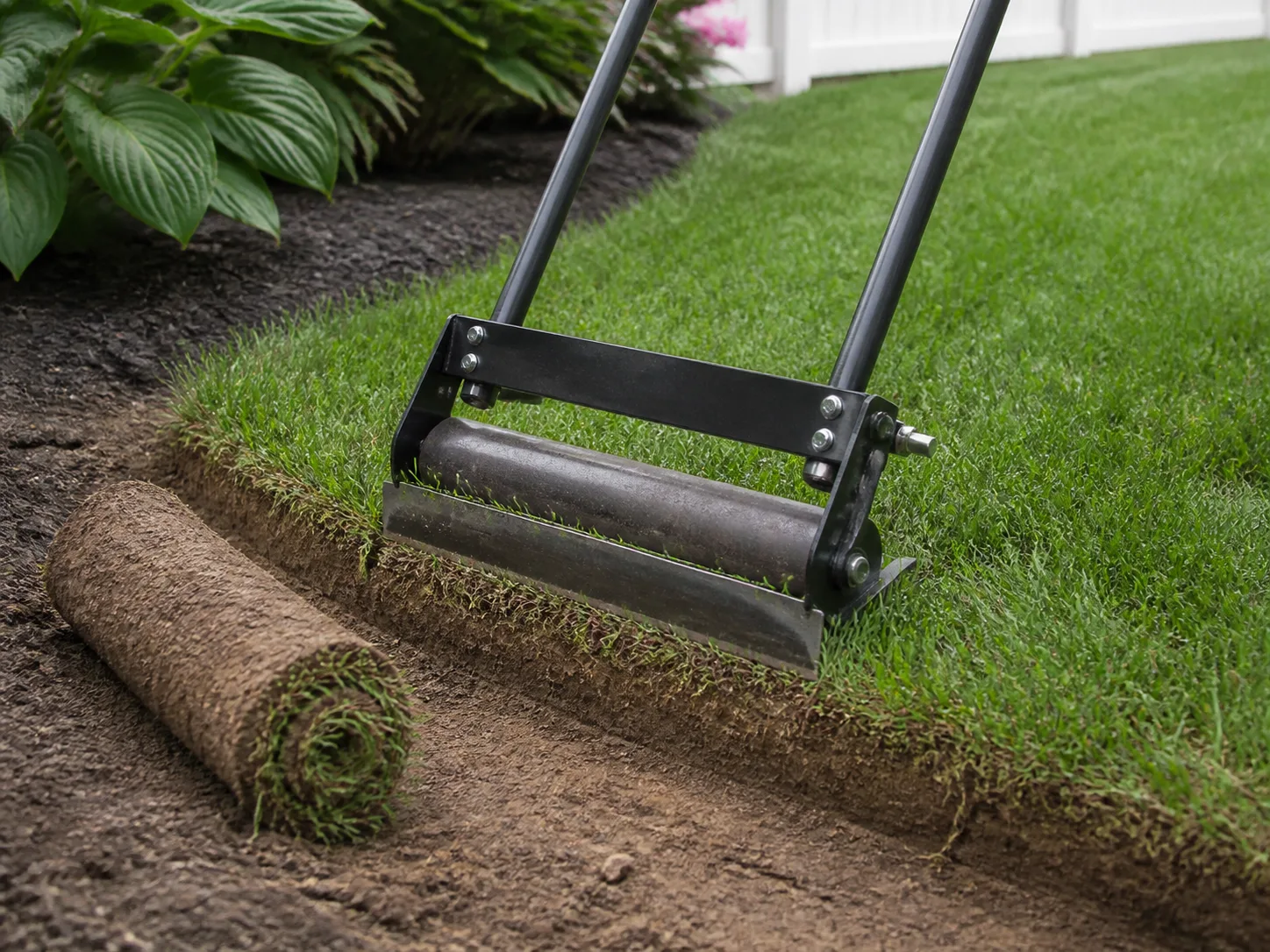 A manual kick-style sod cutter making a short test pass with the blade under an even layer of turf