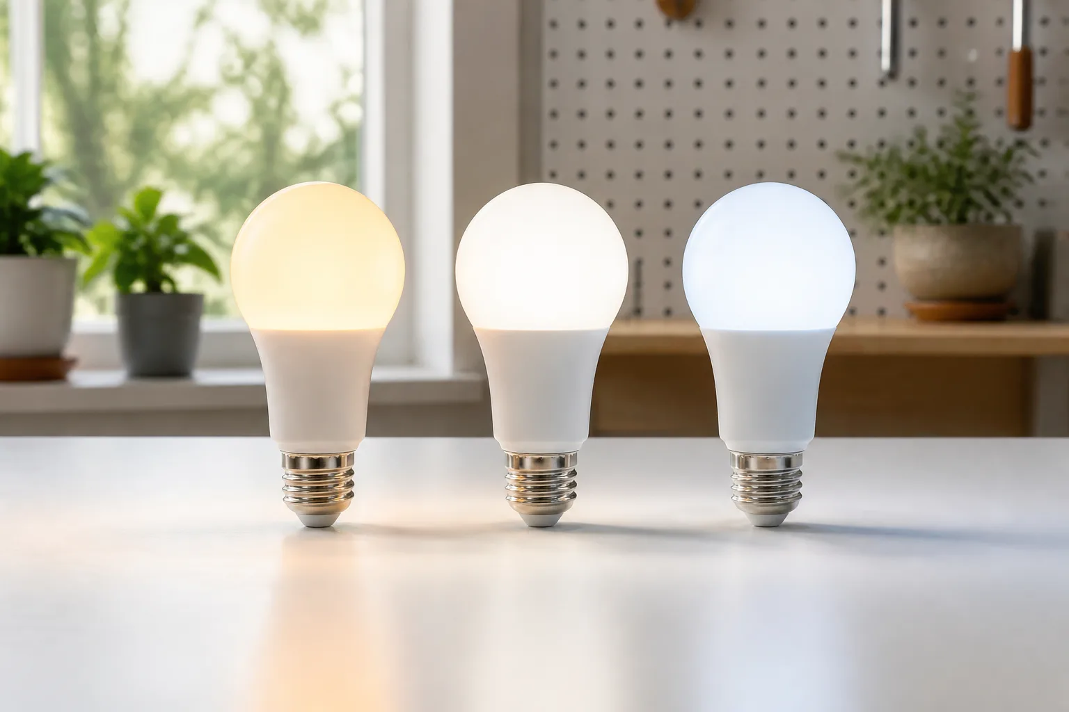 Three LED bulbs on a table showing warm soft white, neutral bright white, and cool daylight color temperatures