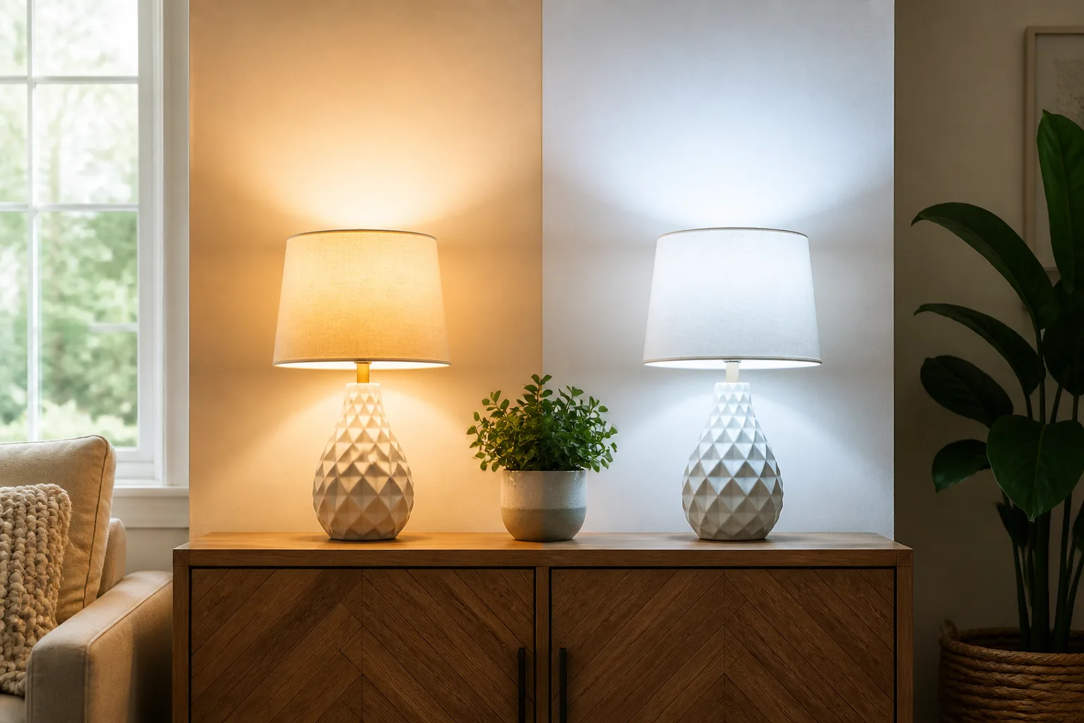 Two table lamps side by side showing warm soft white golden light versus cool daylight blue-white light in a living room