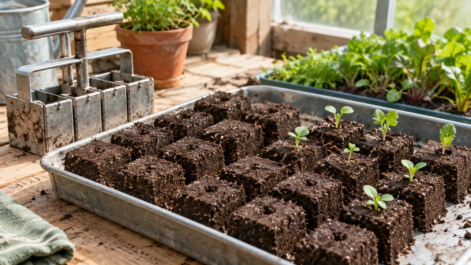 A tray of square soil blocks with dimples and young seedlings beside a soil blocker on a spring potting bench.