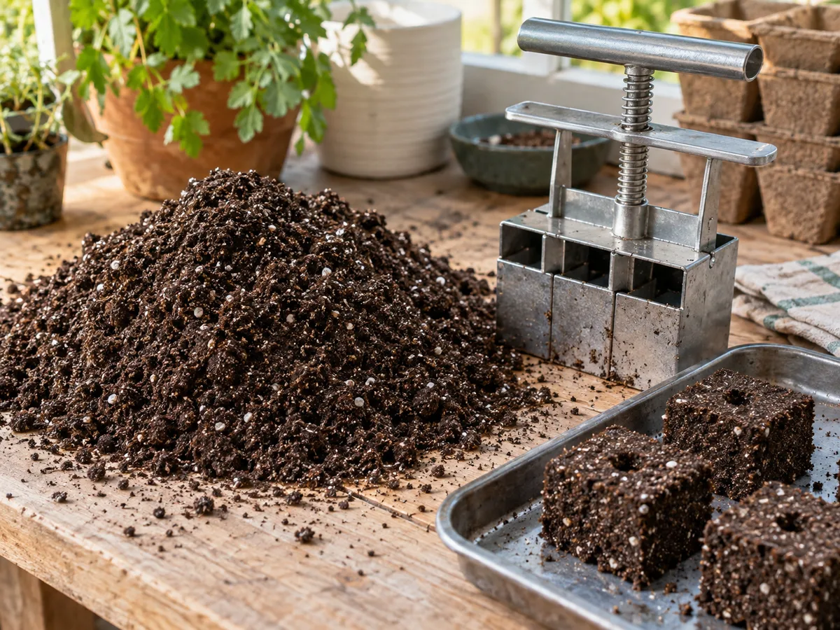 Damp seed-starting mix, a metal soil blocker, and freshly pressed cubes on a potting bench.