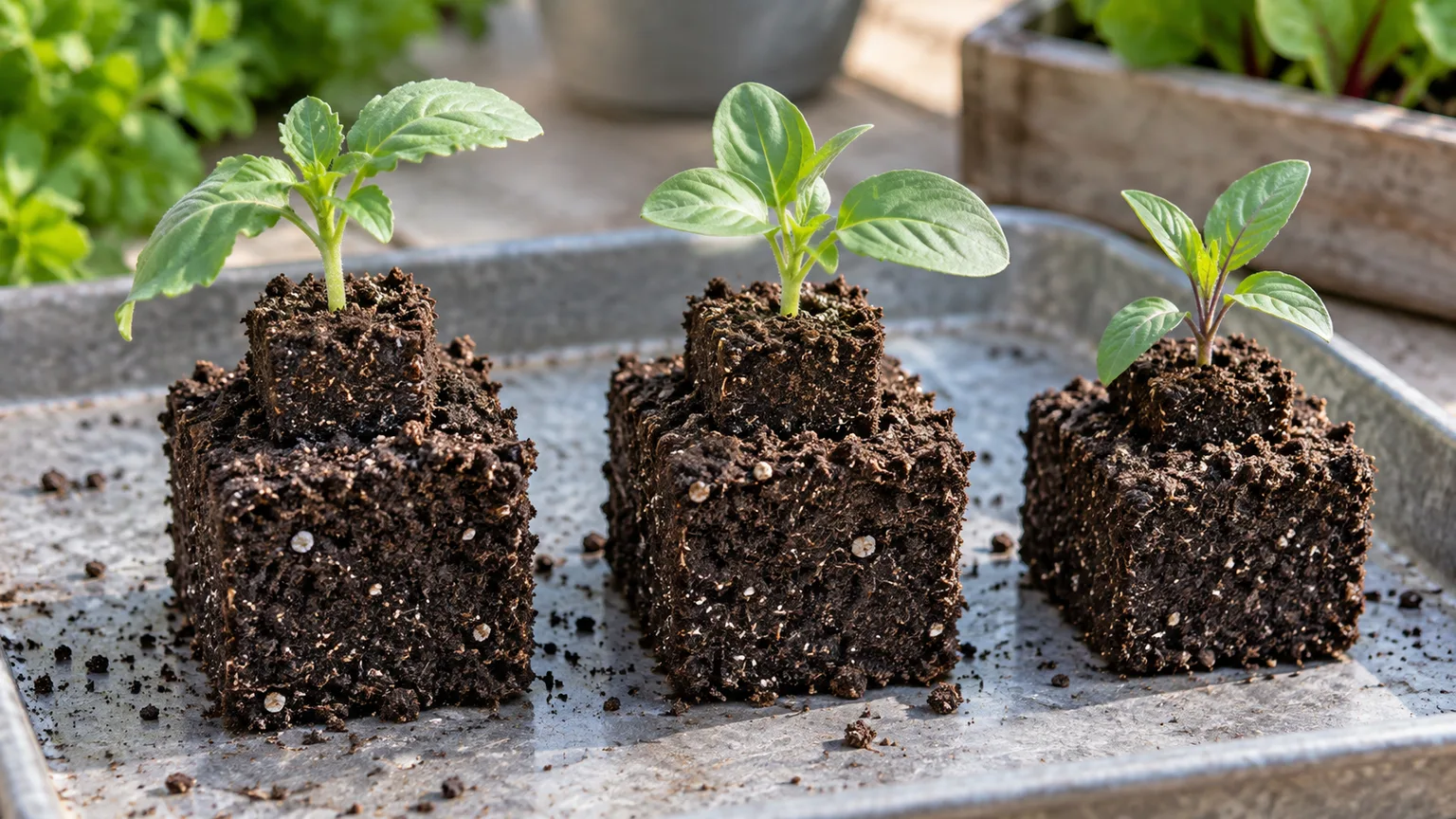 Young seedlings in small soil blocks fitted into the dibbles of larger soil blocks.
