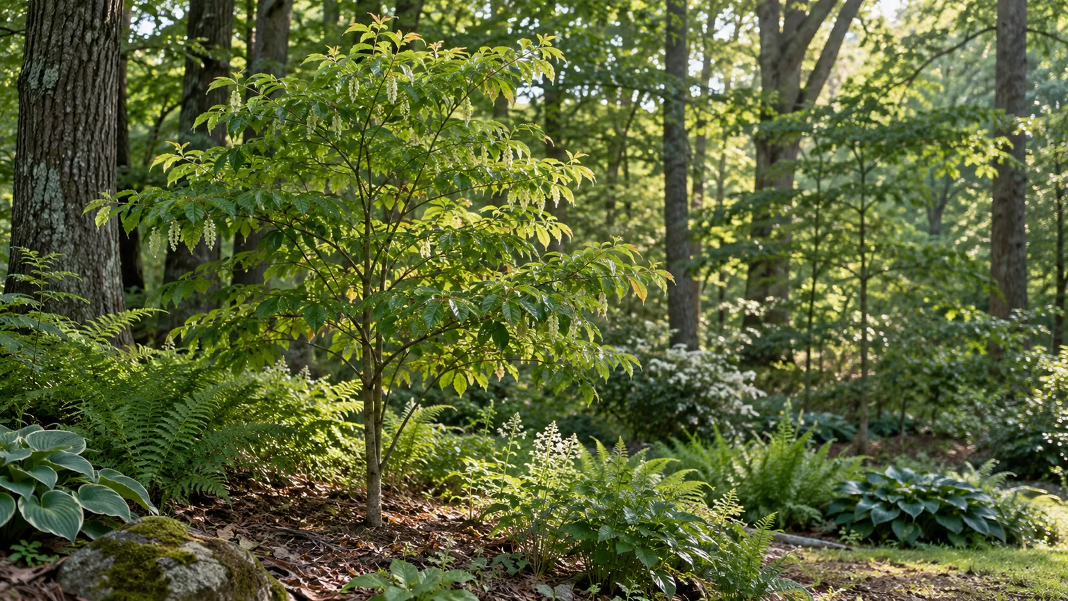 Young sourwood growing at a filtered-light woodland edge