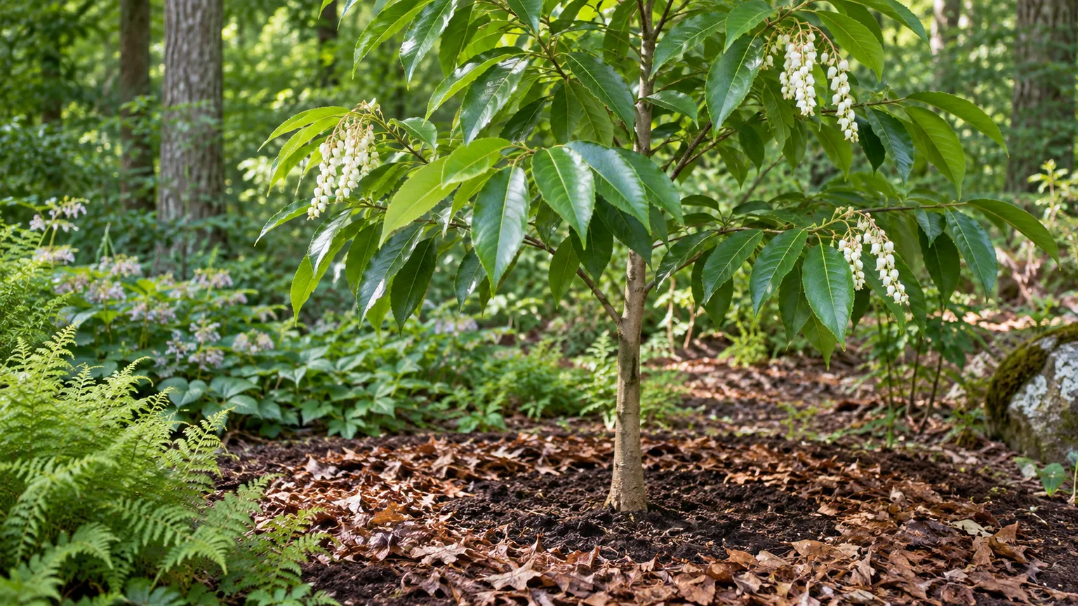 Young sourwood planted in leaf-rich soil with mulch kept away from the trunk