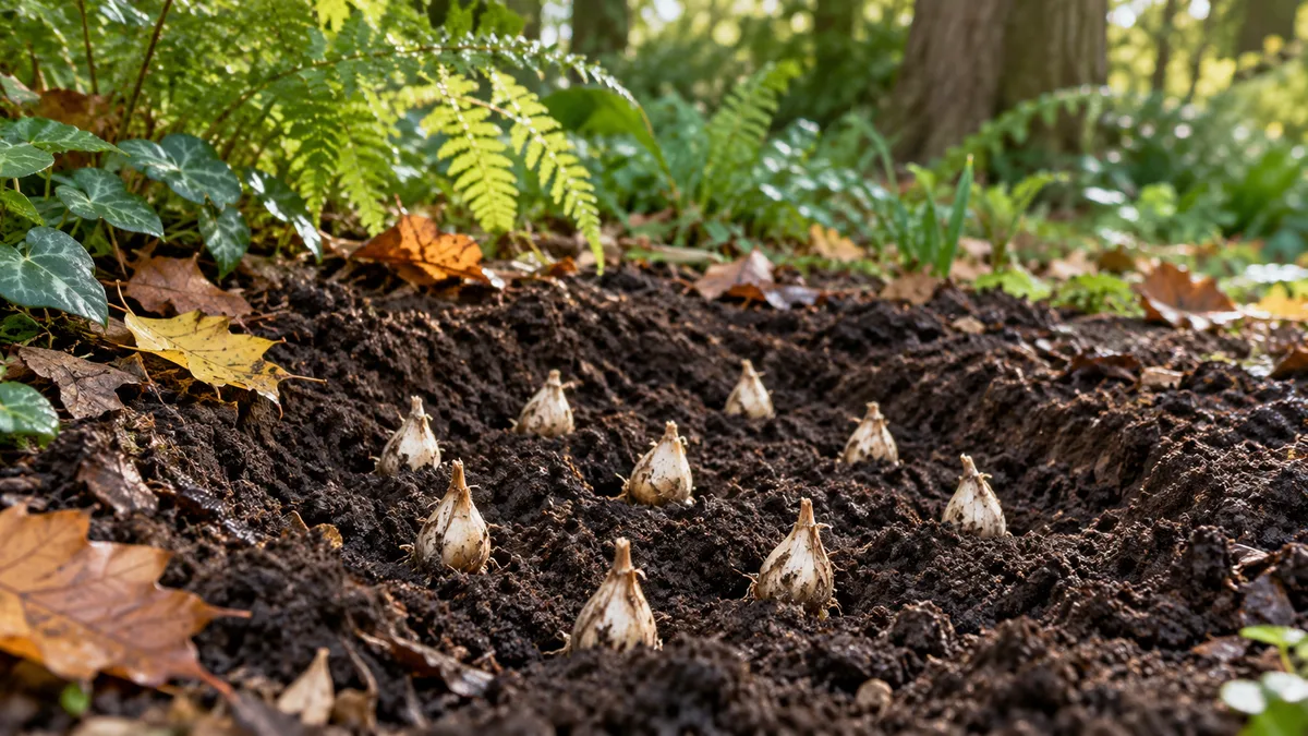 Small bulbs set point-up in a loose, well-drained woodland-edge bed for fall planting