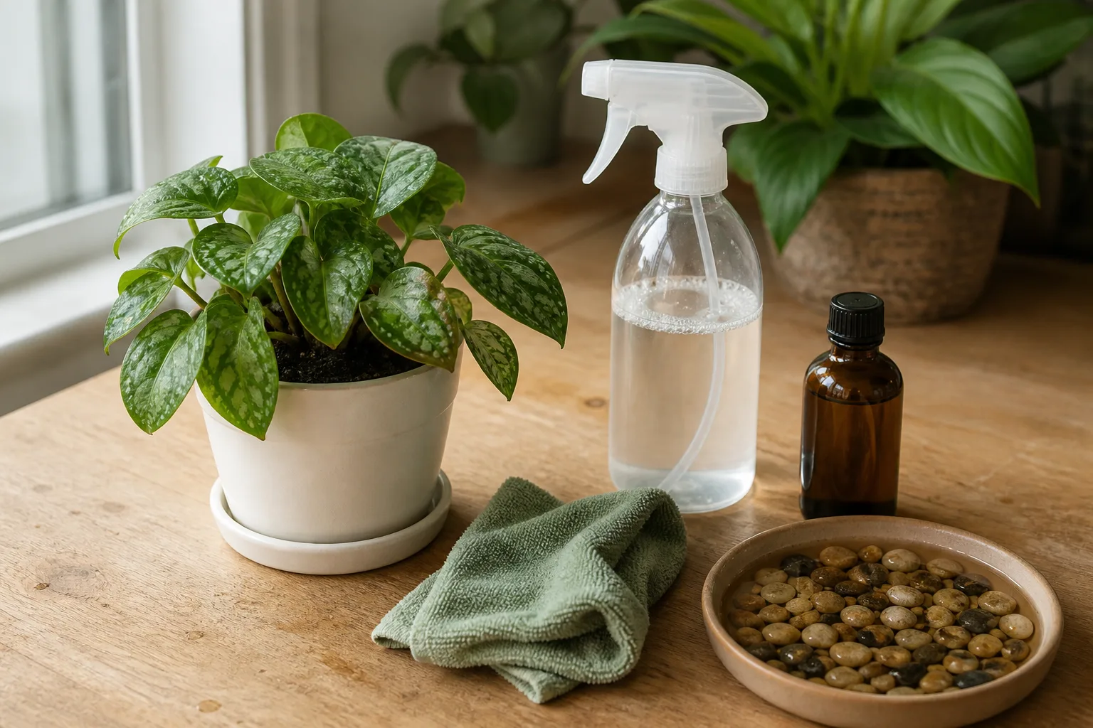 Hands rinsing houseplant leaf undersides in a sink as the first spider mite knockdown step
