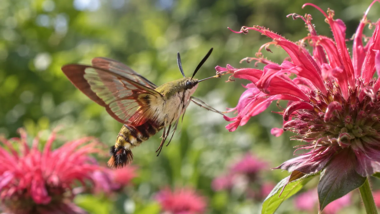 Hummingbird clearwing moth hovering beside a pink bee balm flower