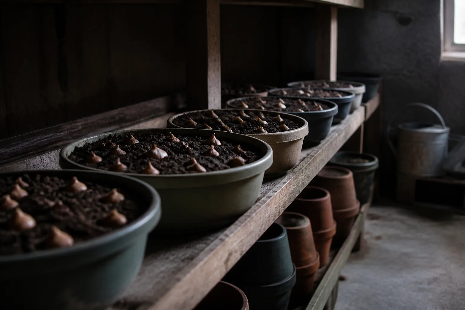 Bulb pots chilling in a refrigerator for cold stratification