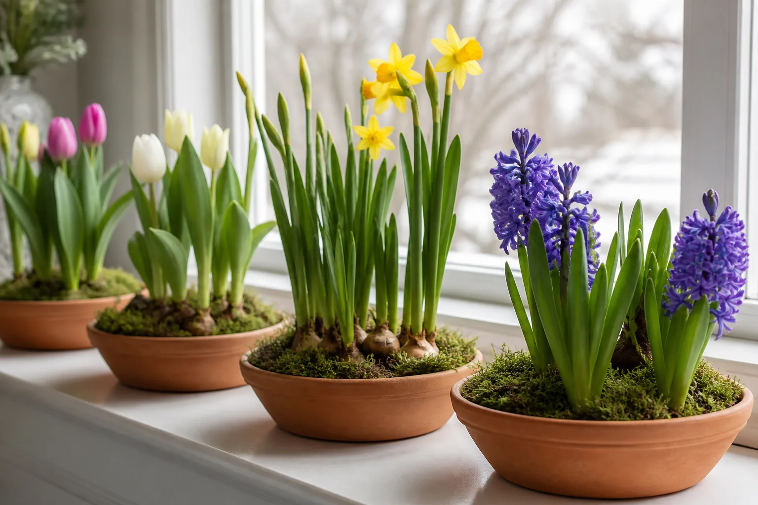 Potted tulips, daffodils, and hyacinths blooming on a bright winter windowsill