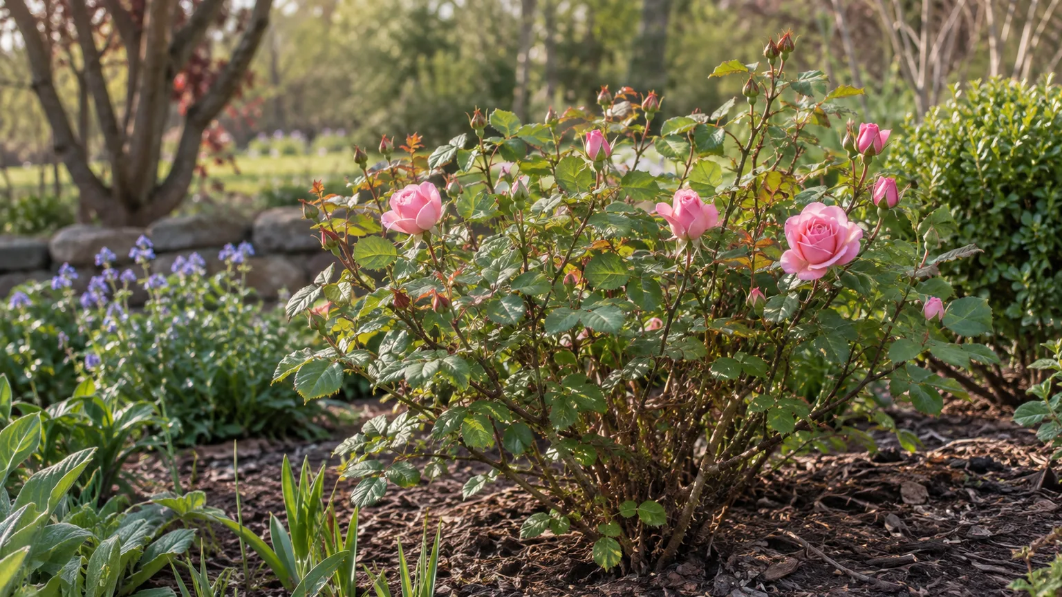 A healthy rose shrub with pink blossoms and fresh foliage in a spring garden