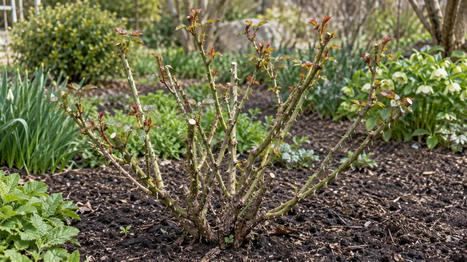 A recently pruned rose shrub with open spacing and swelling buds