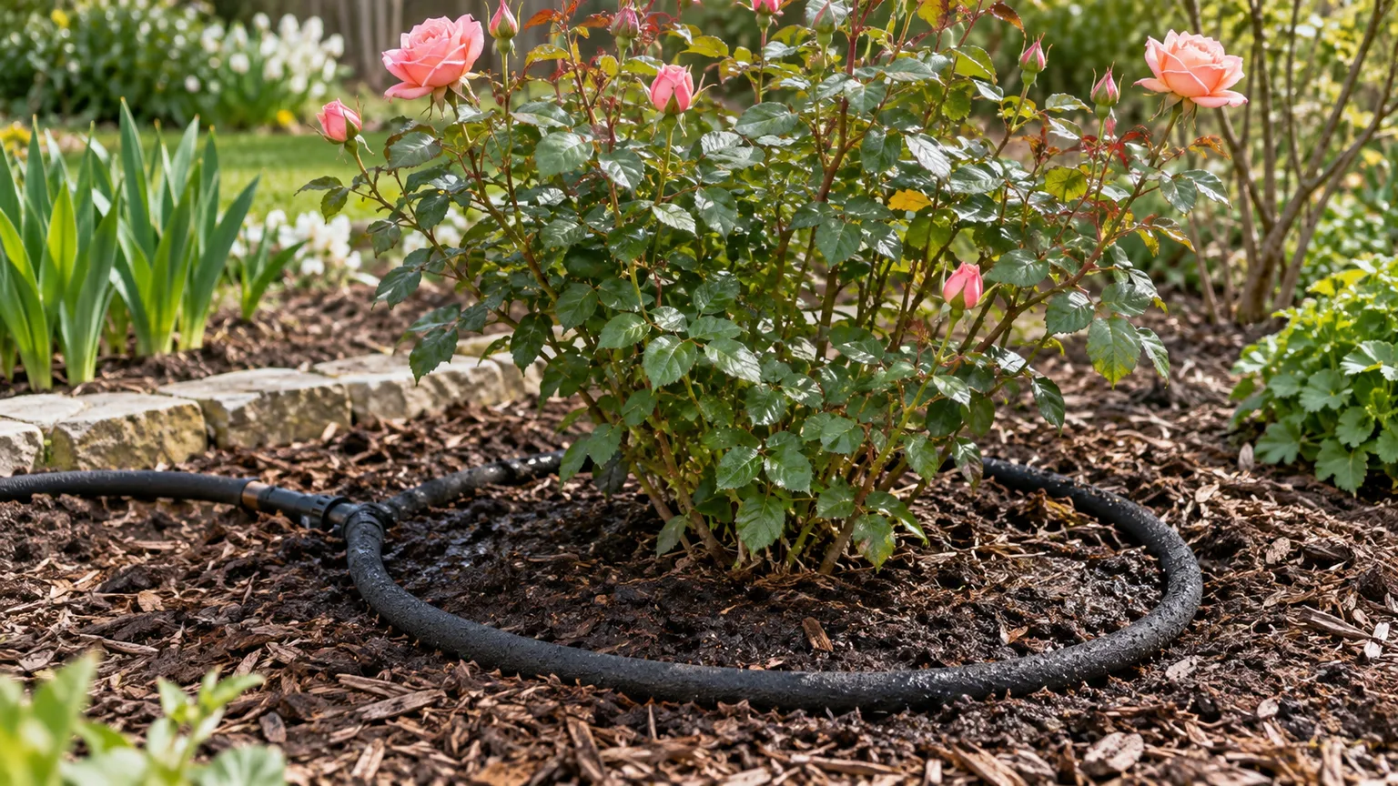 A soaker hose delivering water slowly around the base of a garden rose