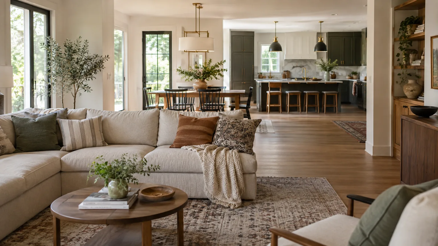 Bright open-plan living room, dining area, and kitchen connected in one shared space.