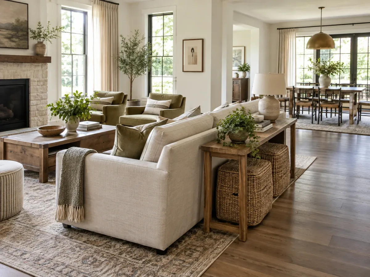 An open living room uses a sofa, rug, and console to define the sitting area beside a connected dining space.
