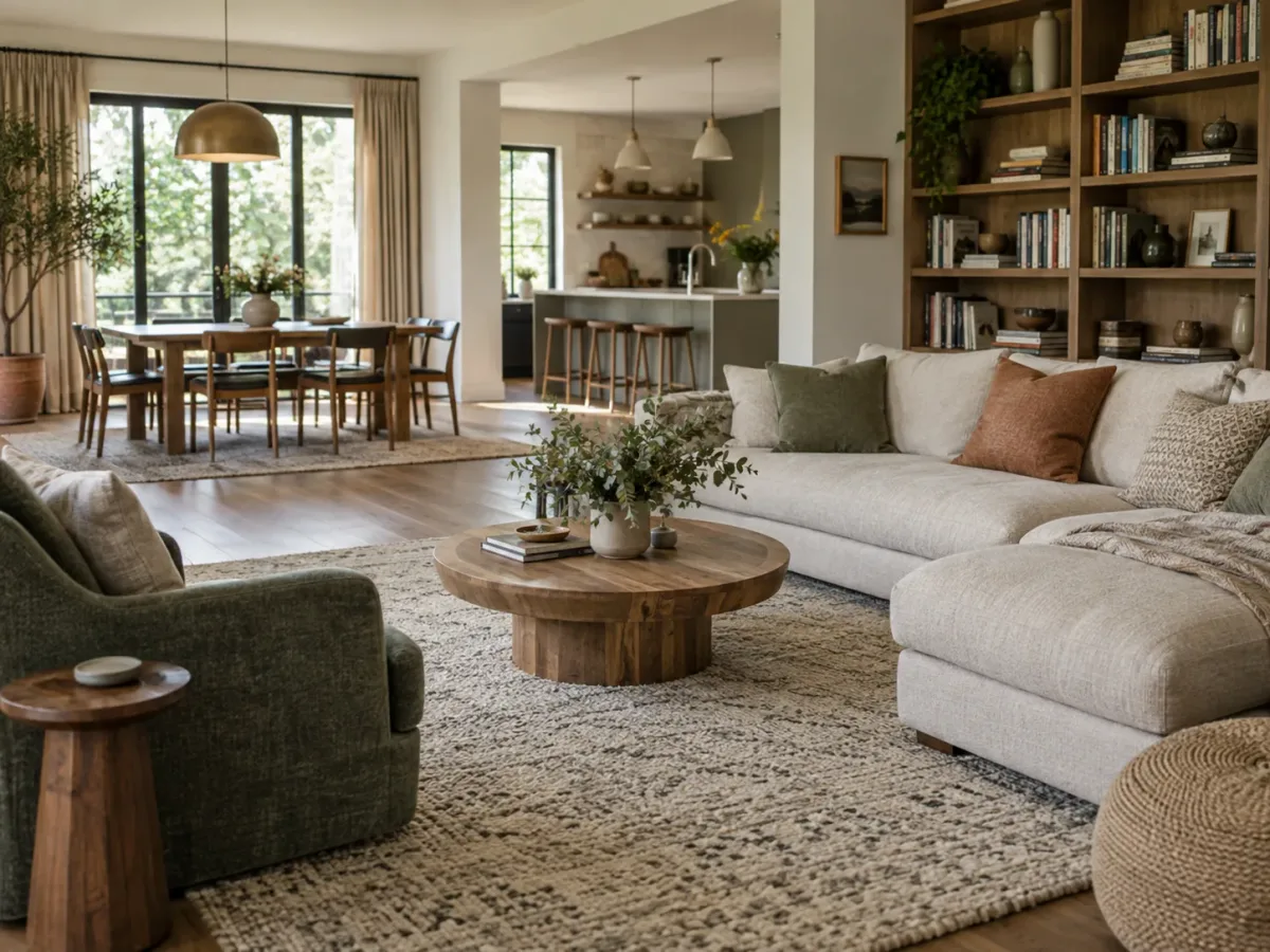Rugs, upholstered seating, curtains, and shelving soften and organize an open living area.