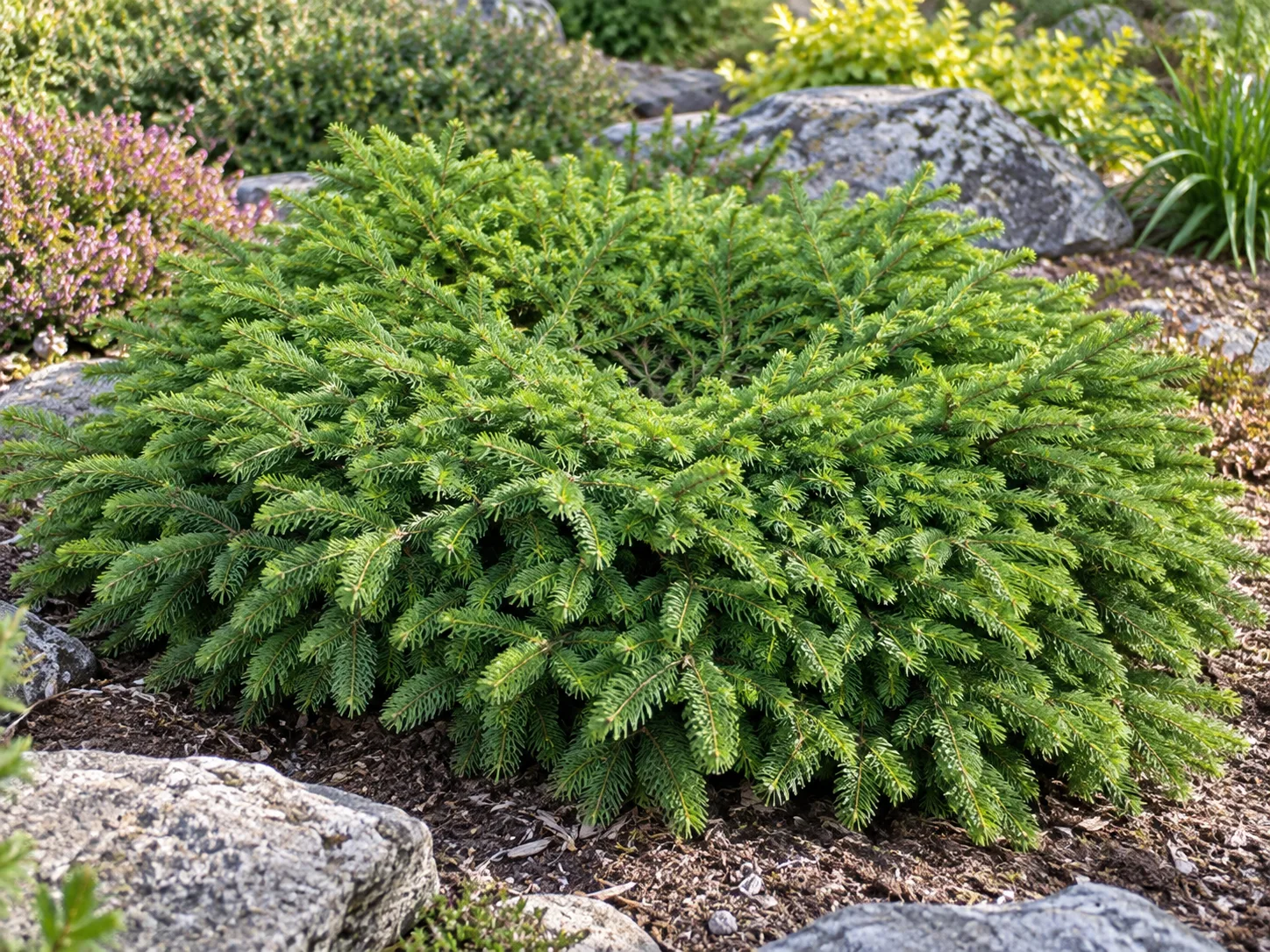 Low, wide Bird’s Nest Spruce with a shallow dip in a sunny garden border