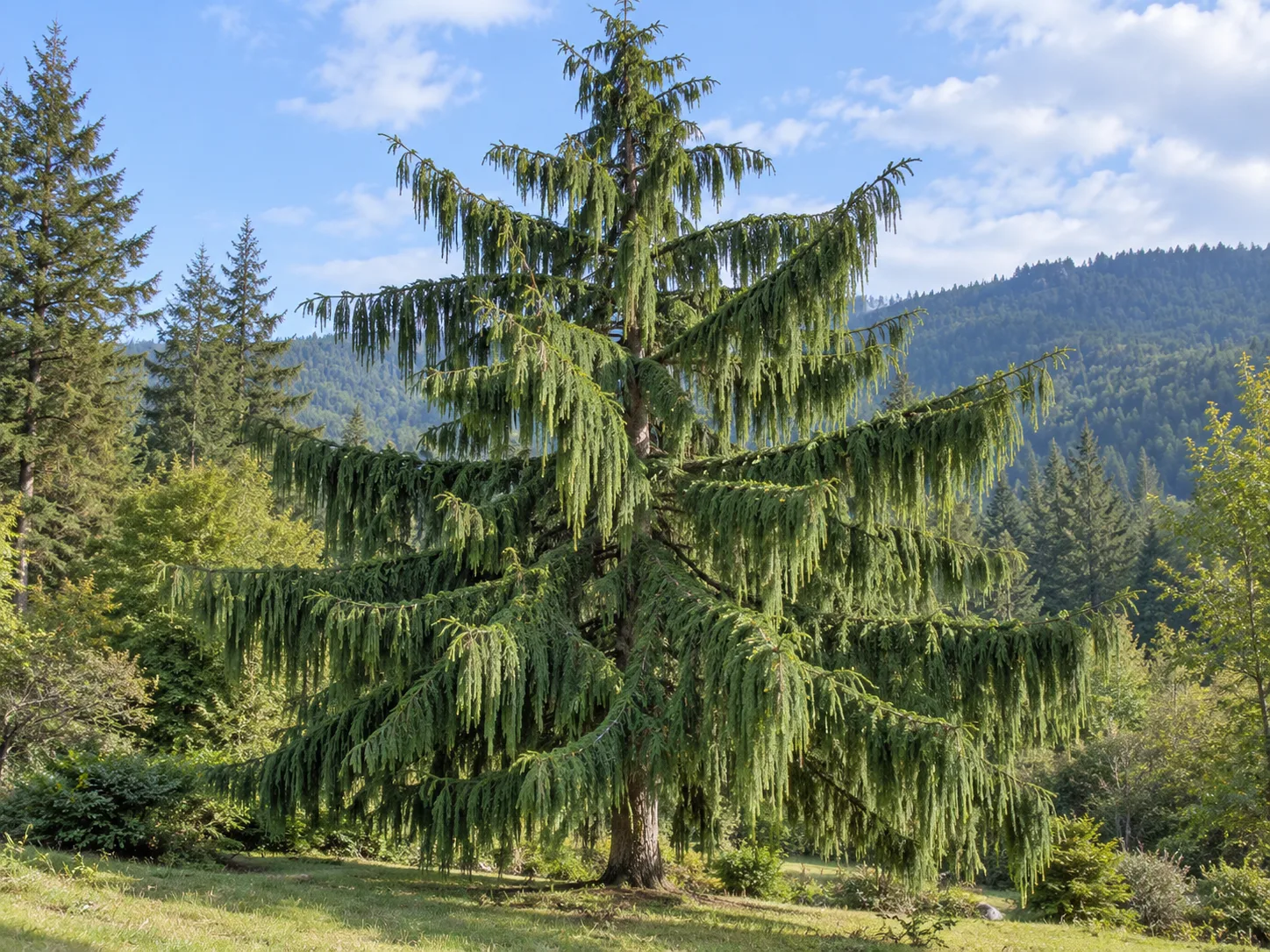 Brewer Spruce with horizontal limbs and hanging green branchlets in a woodland garden