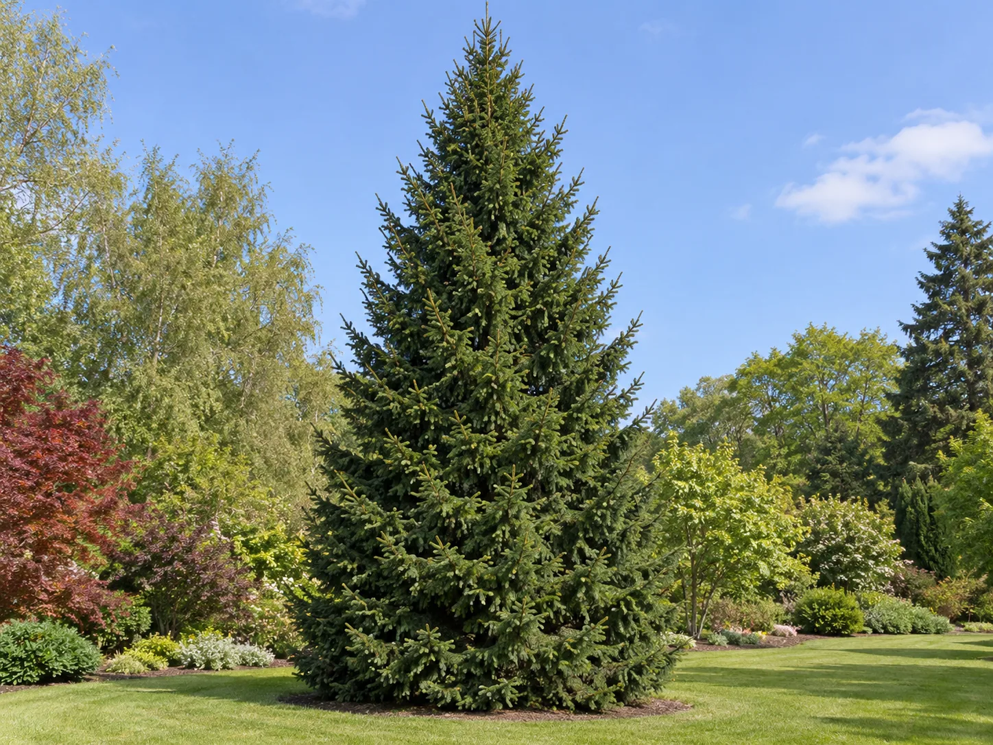 Tall Oriental Spruce with a dense, dark-green pyramidal crown in an arboretum