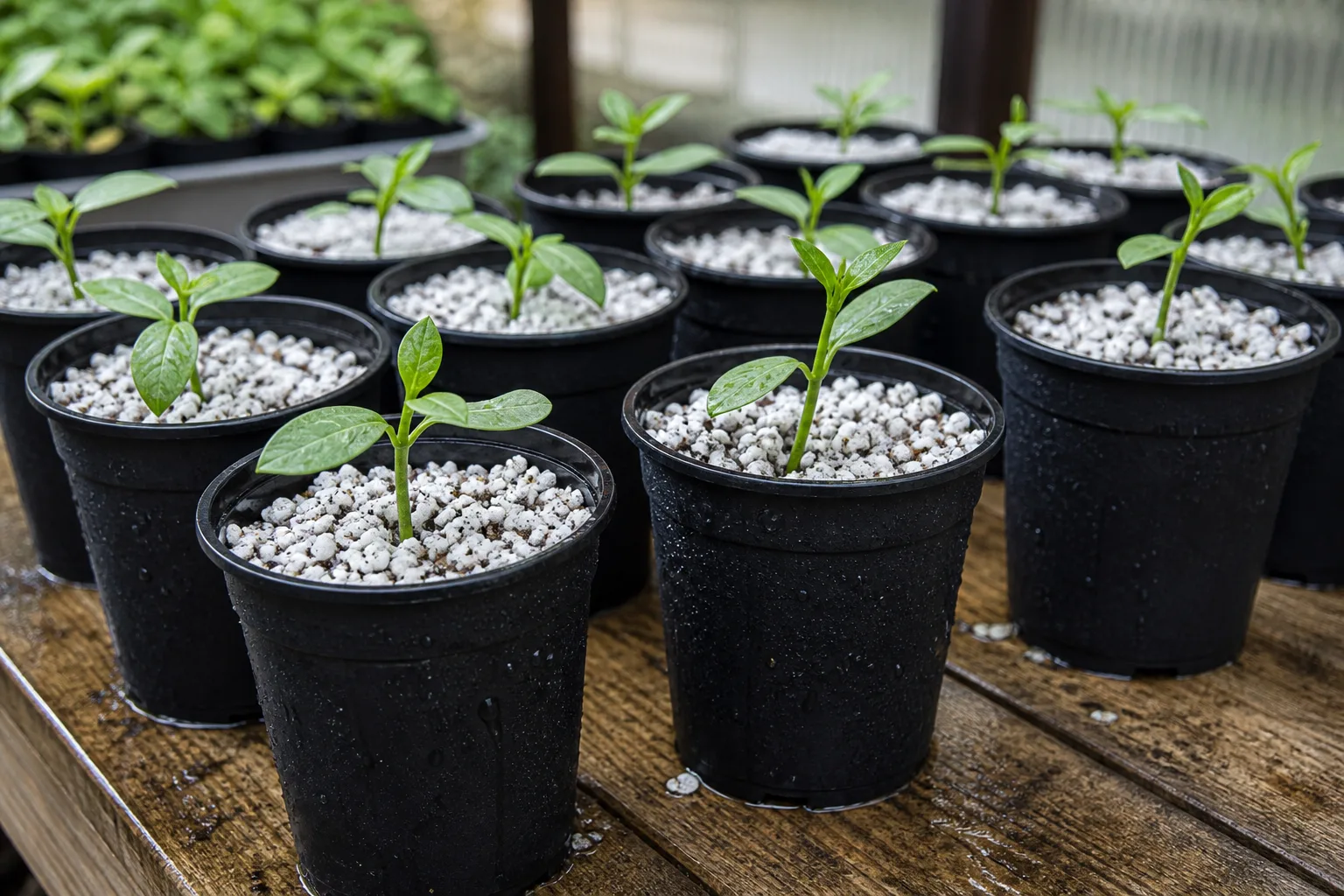 Herb stem cuttings rooting in small pots of sandy potting mix