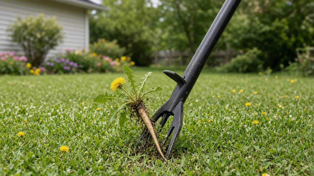 Stand-up claw weeder positioned over a lawn weed for root removal