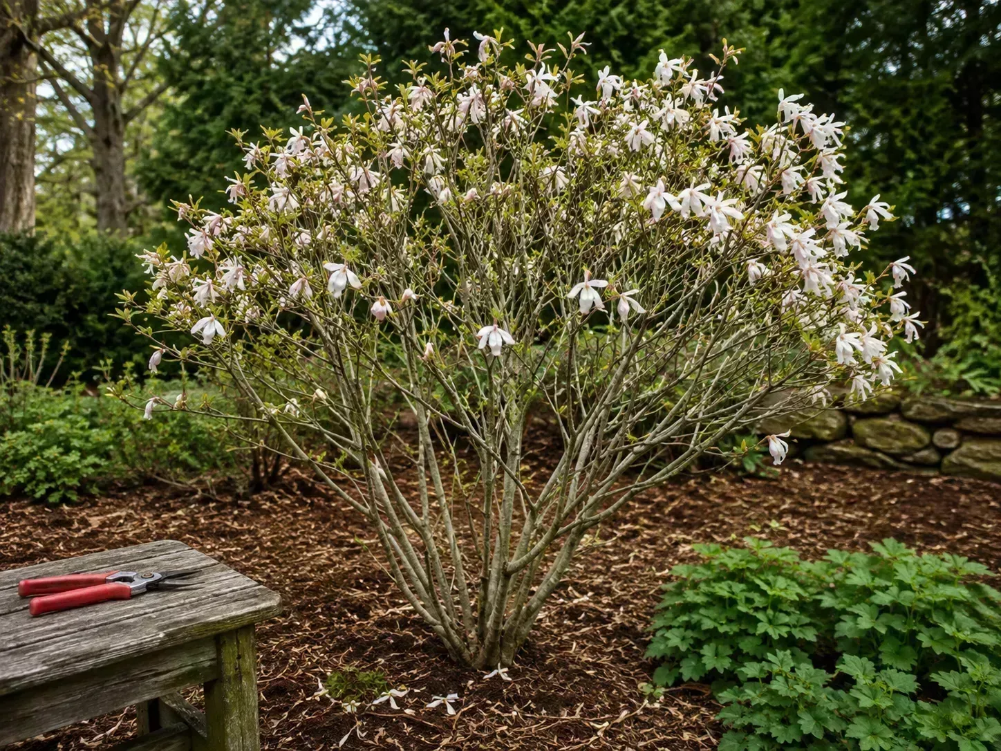 A mature star magnolia in a garden border with bypass pruners resting nearby, illustrating light pruning after flowering