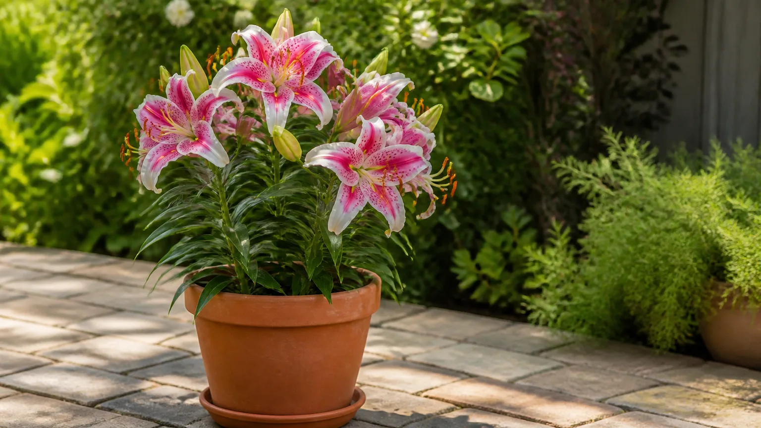 Flowering ‘Stargazer’ lily growing in a deep container on a sunny patio