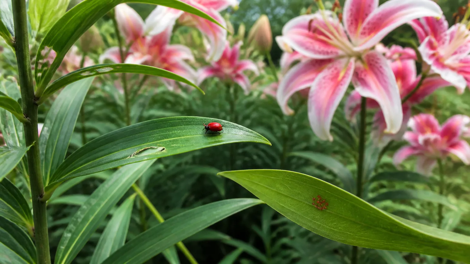 Lily leaf beetle and eggs on ‘Stargazer’ lily foliage