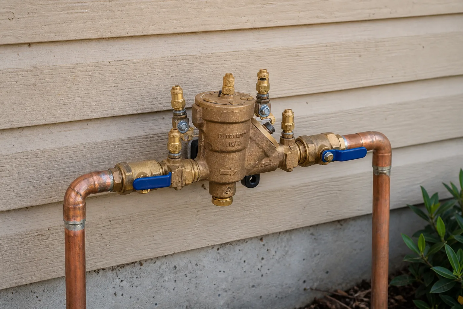 Pressure vacuum breaker backflow preventer mounted on copper pipes against a house exterior wall