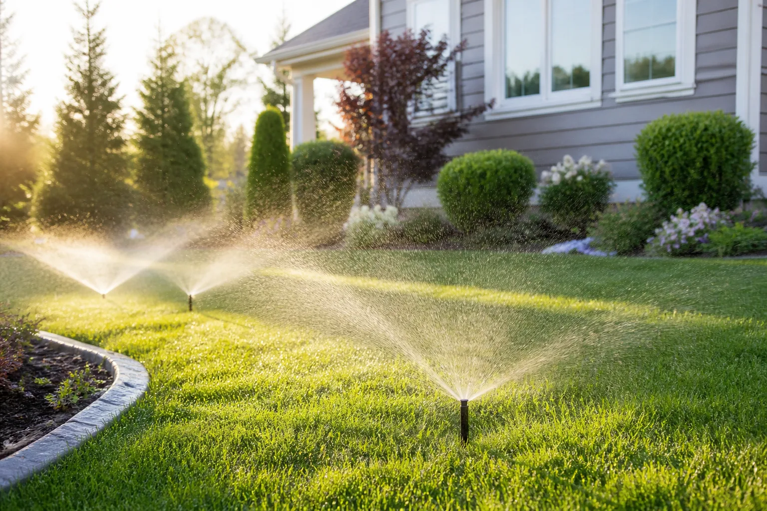 Suburban backyard lawn with pop-up sprinklers spraying water arcs in soft spring morning sunlight