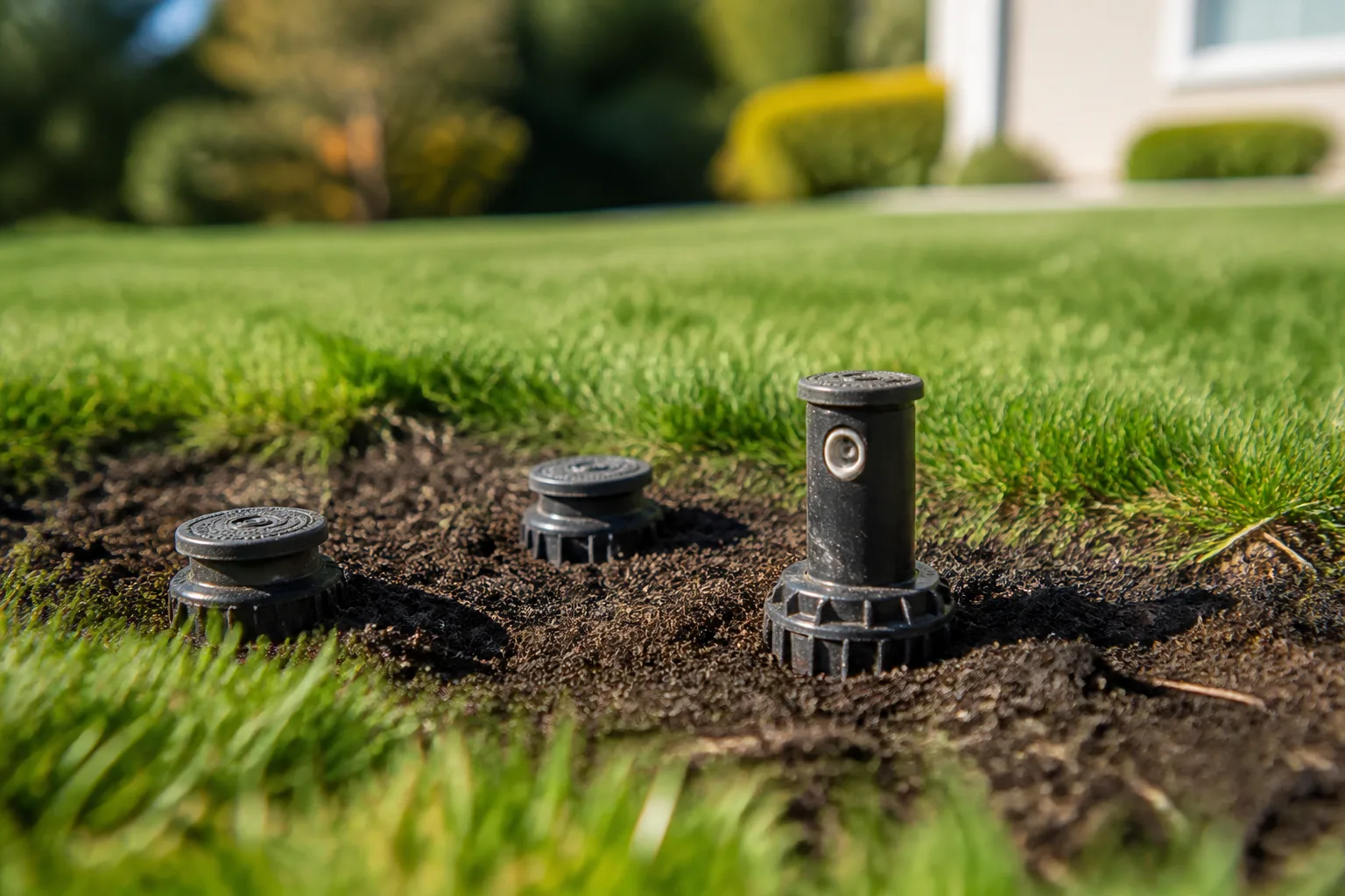 Pop-up lawn sprinkler heads at soil level in a green suburban lawn ready for spring inspection