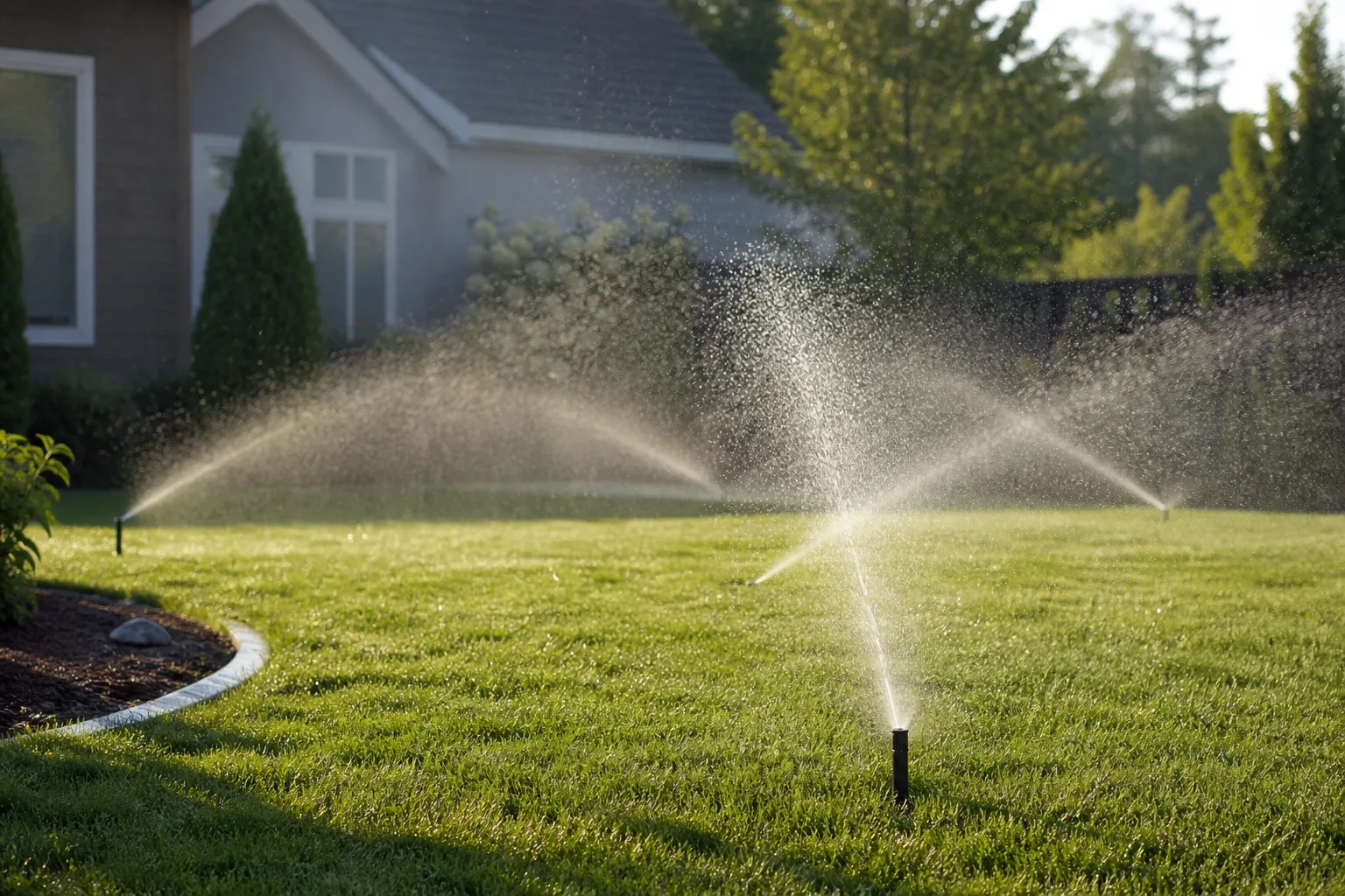 Backyard lawn sprinkler heads spraying overlapping water arcs during a manual zone test