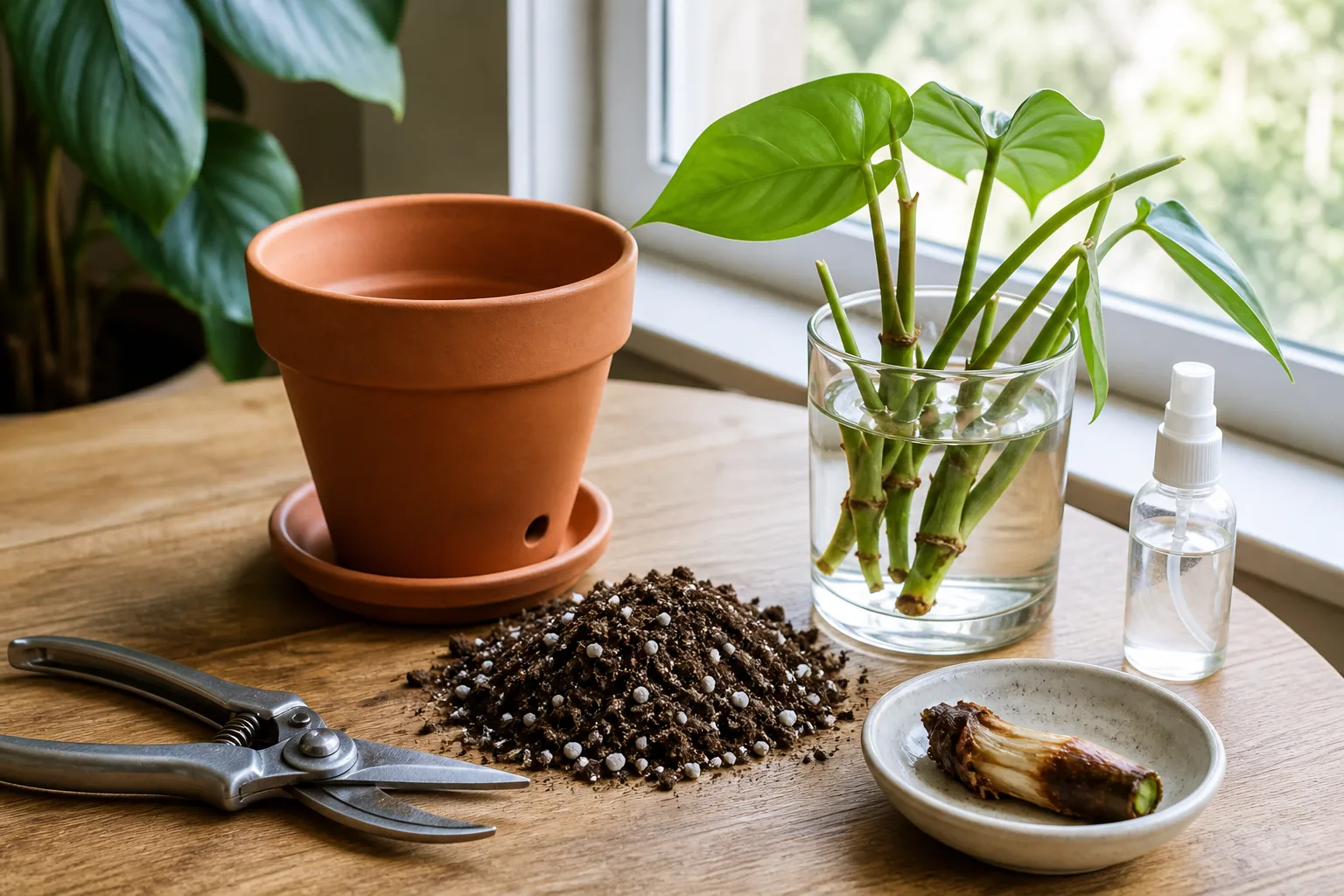 Decision scene for houseplant stem rot: firm cuttings set aside, soft base discarded, clean pot ready