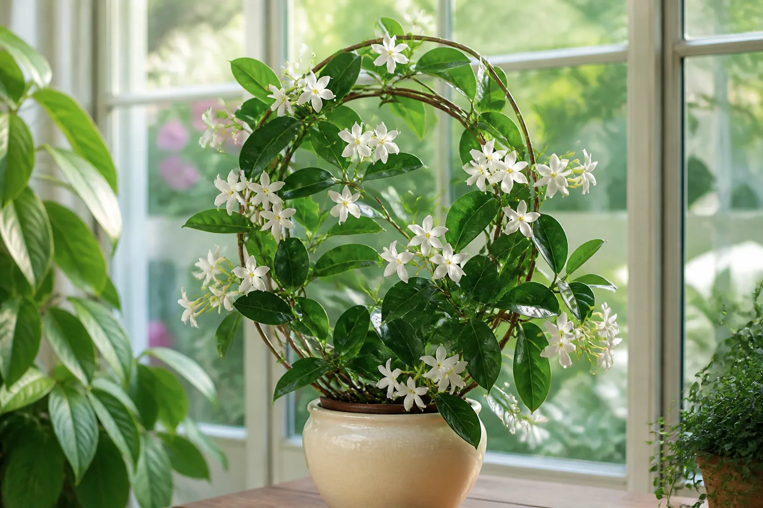 Stephanotis vine with white fragrant flowers climbing a wire hoop trellis in bright indoor light