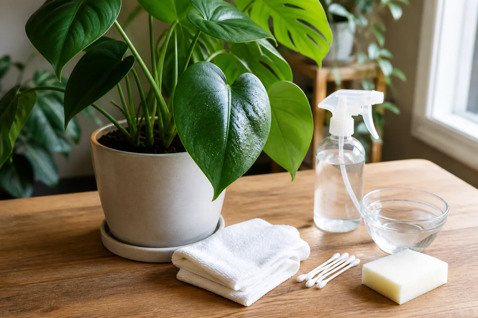 Isolated sticky-leaved houseplant ready for rinse and contact treatment after honeydew cleanup