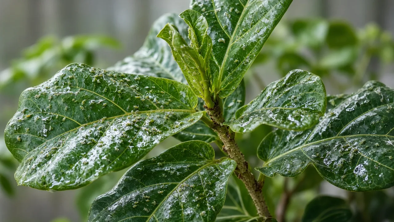 Sap-feeding insects and sticky honeydew coating the leaves and stems of a houseplant