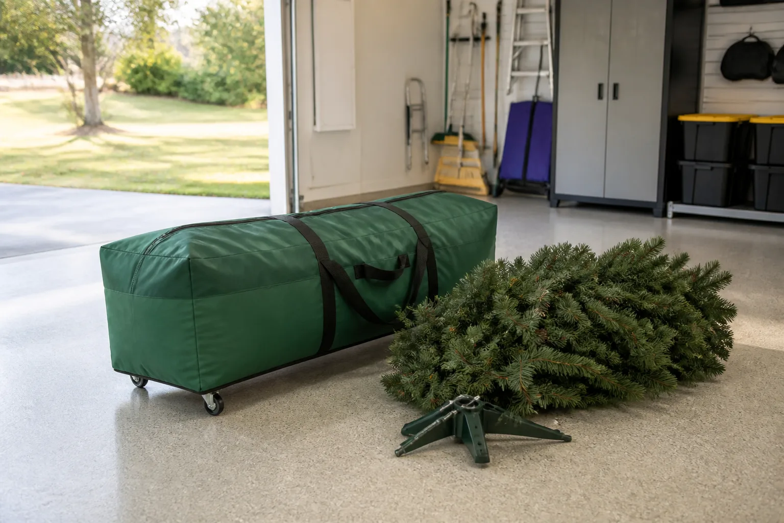Green rolling Christmas tree storage duffel beside folded artificial tree branches in a clean garage