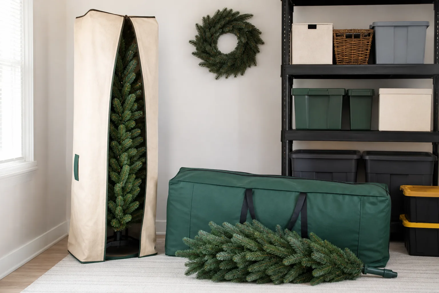 Upright canvas Christmas tree cover beside a horizontal zippered tree storage duffel in a storage room