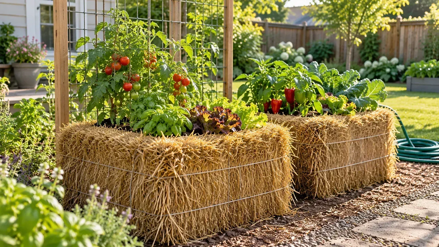 Straw bale garden with compact vegetable plants growing in sunny backyard