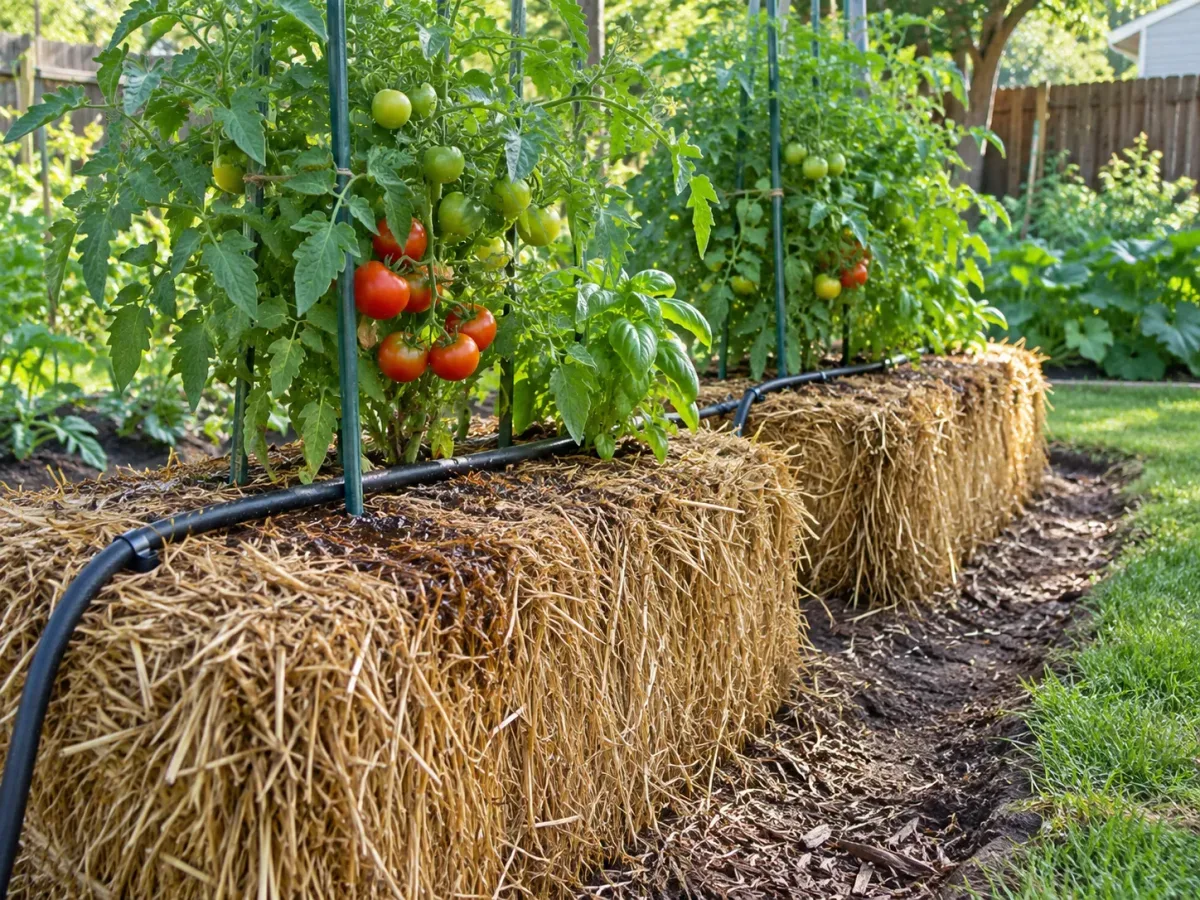 A soaker hose watering established vegetables in a straw bale garden