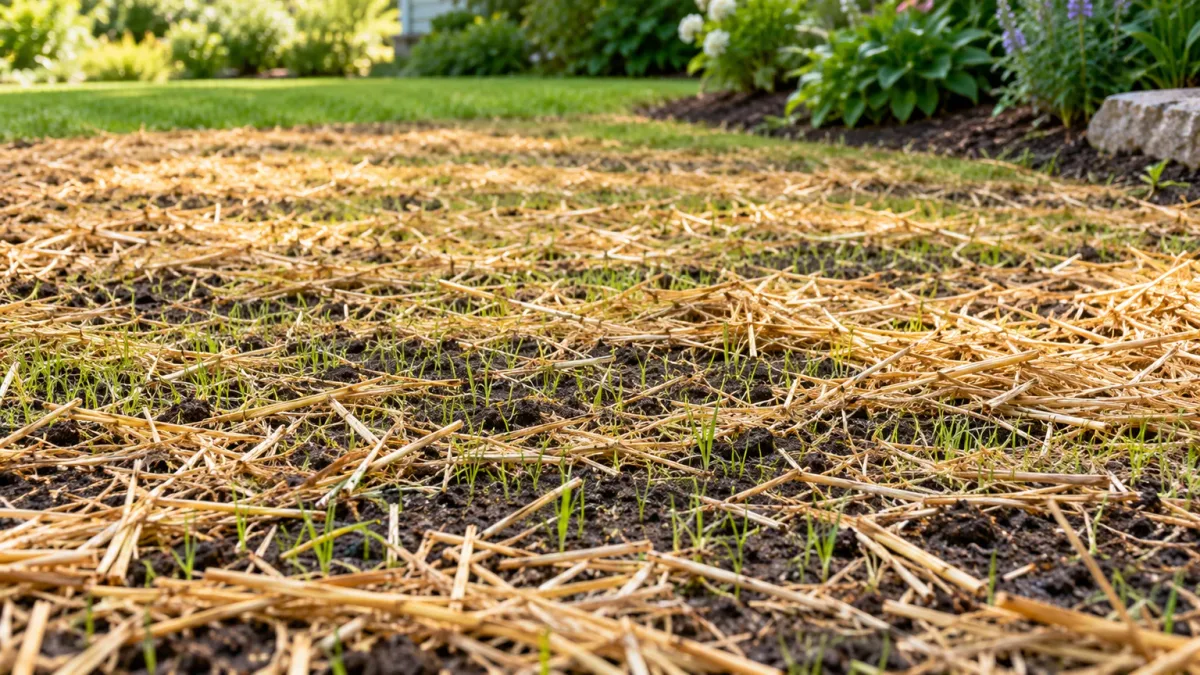 A newly seeded lawn with a light straw layer that helps hold seed and moisture in place