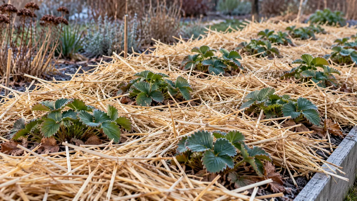 Dormant strawberry plants loosely covered with straw mulch for winter protection